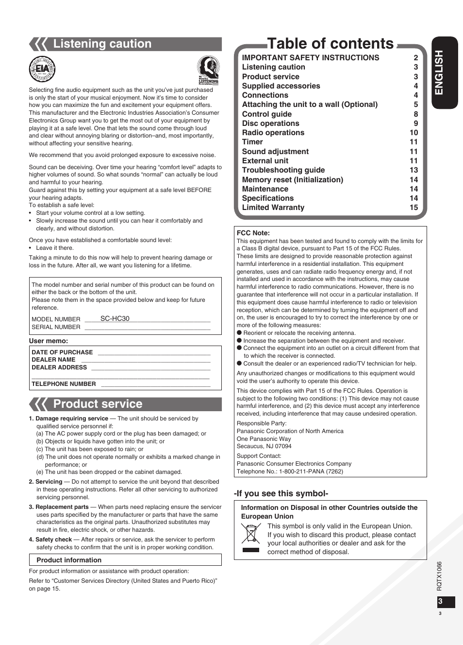 Panasonic SC-HC30 User Manual | Page 3 / 28