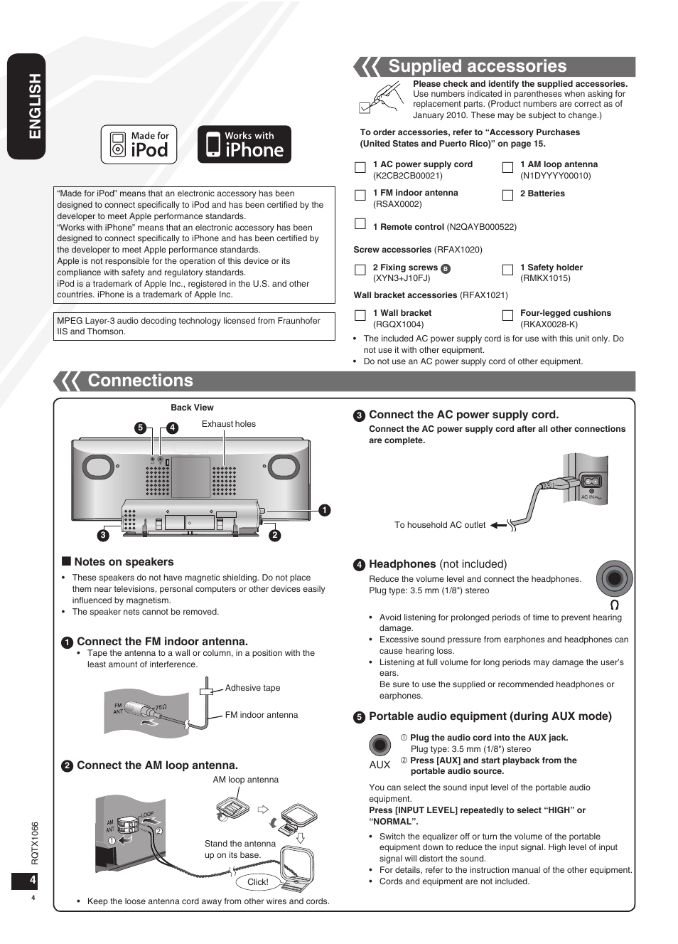 Supplied accessories, Connections, English | Panasonic SC-HC30 User Manual | Page 4 / 28
