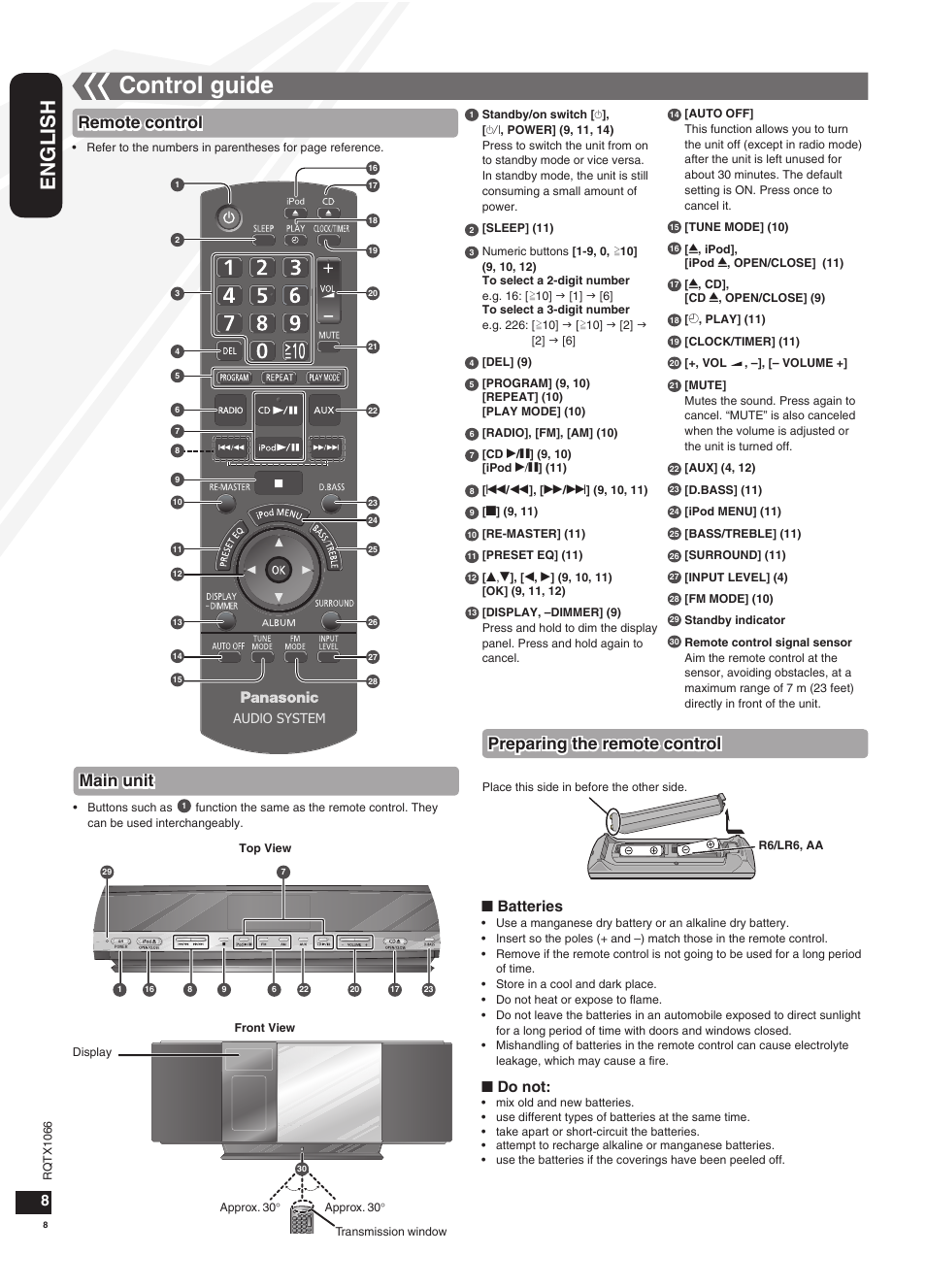 Control guide, English, Remote control | Main unit, Preparing the remote control, Batteries, Do not, O system | Panasonic SC-HC30 User Manual | Page 8 / 28