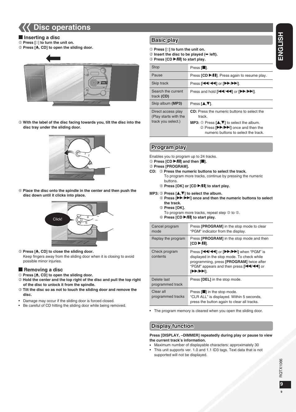 Disc operations, English, Program play | Basic play, Display function | Panasonic SC-HC30 User Manual | Page 9 / 28
