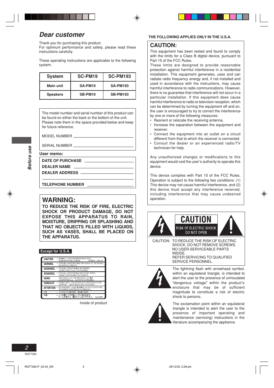 Dear customer, Warning, Caution | Panasonic SC-PM19 User Manual | Page 2 / 28