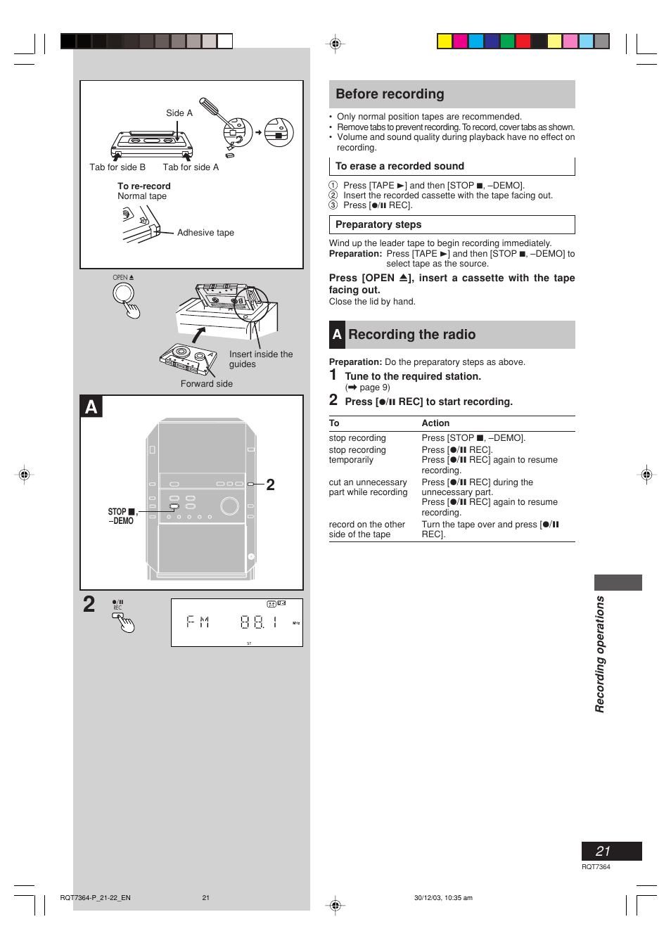 Recording operations, Before recording, Recording the radio | Arecording the radio | Panasonic SC-PM19 User Manual | Page 21 / 28