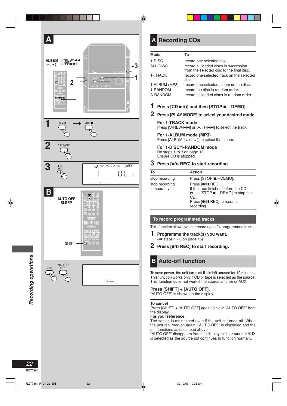 Recording cds, Auto-off function, Arecording cds | Bauto-off function | Panasonic SC-PM19 User Manual | Page 22 / 28