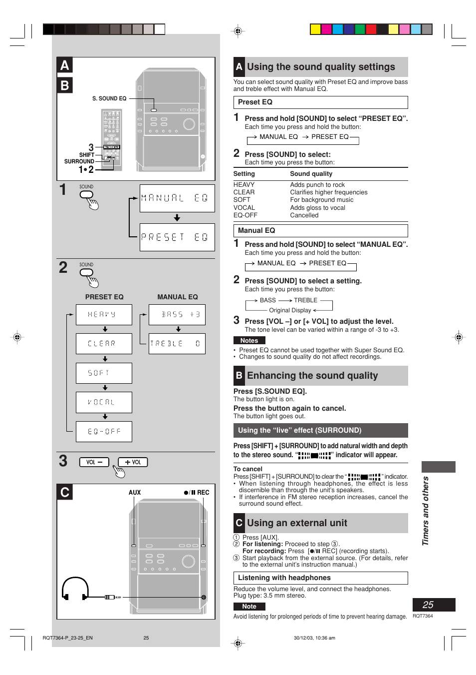 Using the sound quality settings, Enhancing the sound quality, Using an external unit | Ausing the sound quality settings, Benhancing the sound quality, Cusing an external unit | Panasonic SC-PM19 User Manual | Page 25 / 28