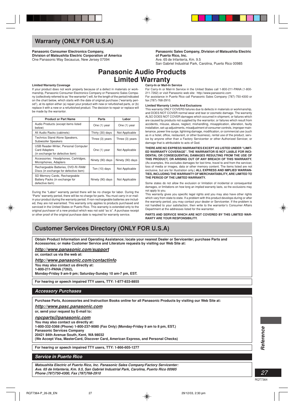 Warranty (only for u.s.a.), Customer services directory (only for u.s.a.), Panasonic audio products limited warranty | Warranty (only for u.s.a), Customer services directory (only for u.s.a), Reference | Panasonic SC-PM19 User Manual | Page 27 / 28