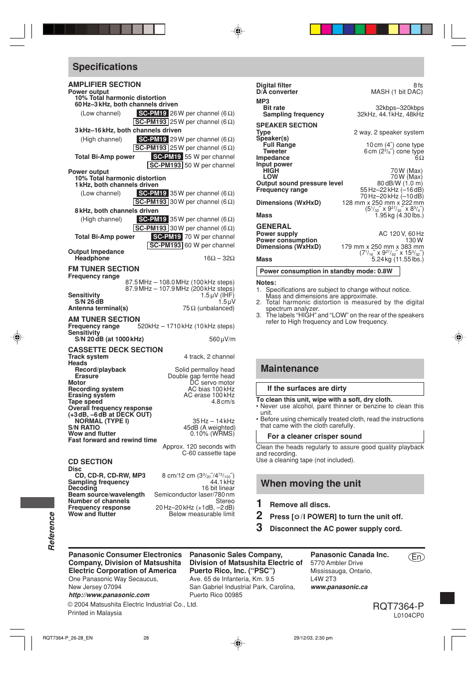 Specifications, Maintenance, When moving the unit | Rqt7364-p, Reference | Panasonic SC-PM19 User Manual | Page 28 / 28