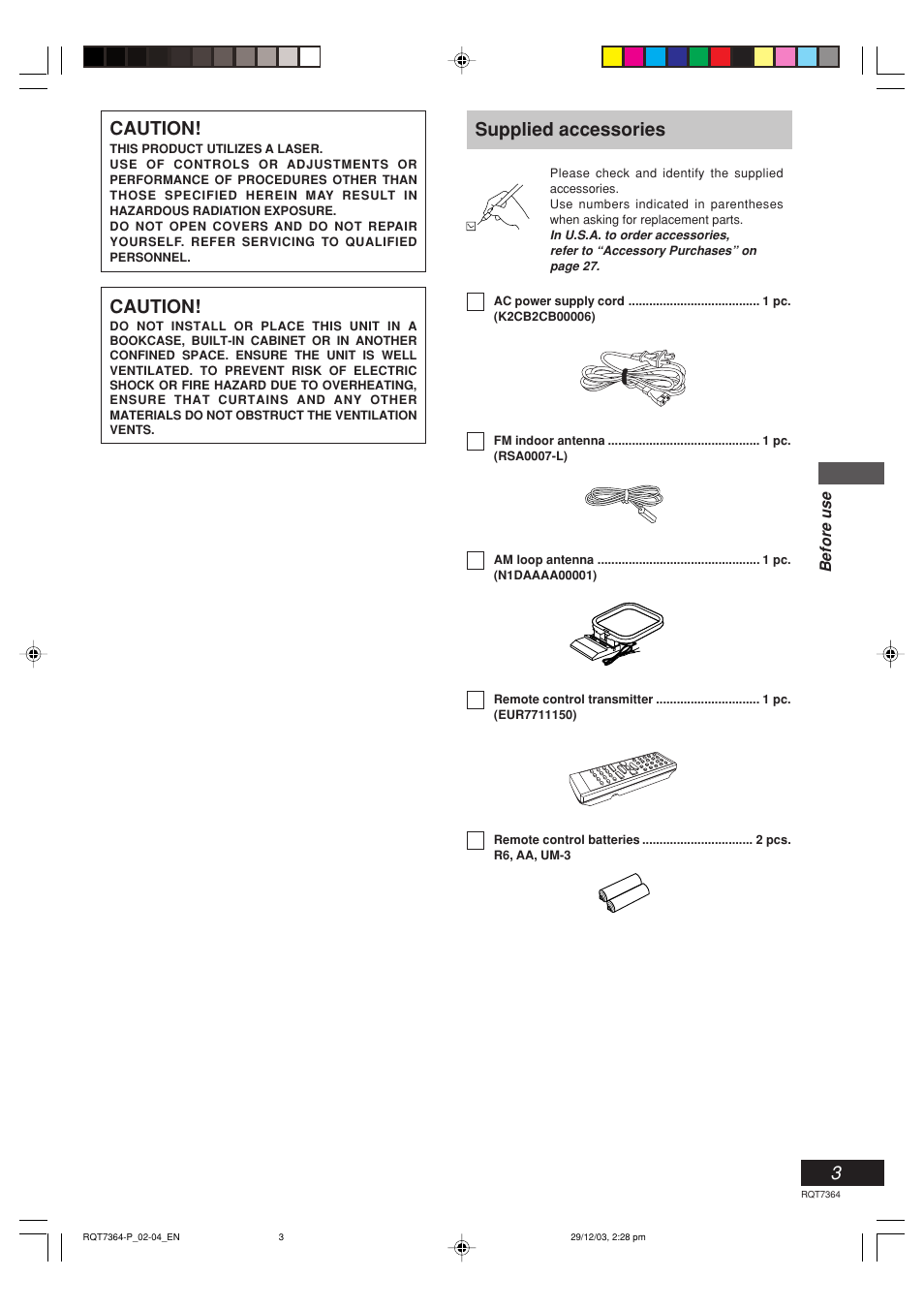 Before use, Supplied accessories, Caution | Panasonic SC-PM19 User Manual | Page 3 / 28
