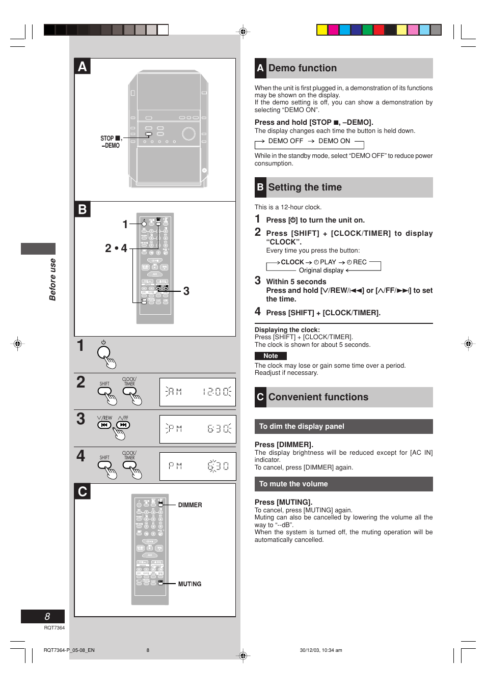 Demo function, Setting the time, Convenient functions | Panasonic SC-PM19 User Manual | Page 8 / 28