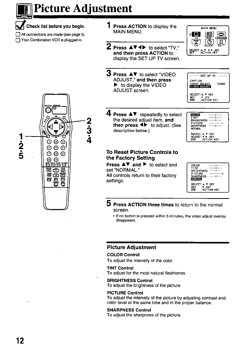 Bhi picture adjustment, Color control, Tint control | Brightness control, Picture control, Sharpness control | Panasonic PVQ-M2508 User Manual | Page 12 / 32