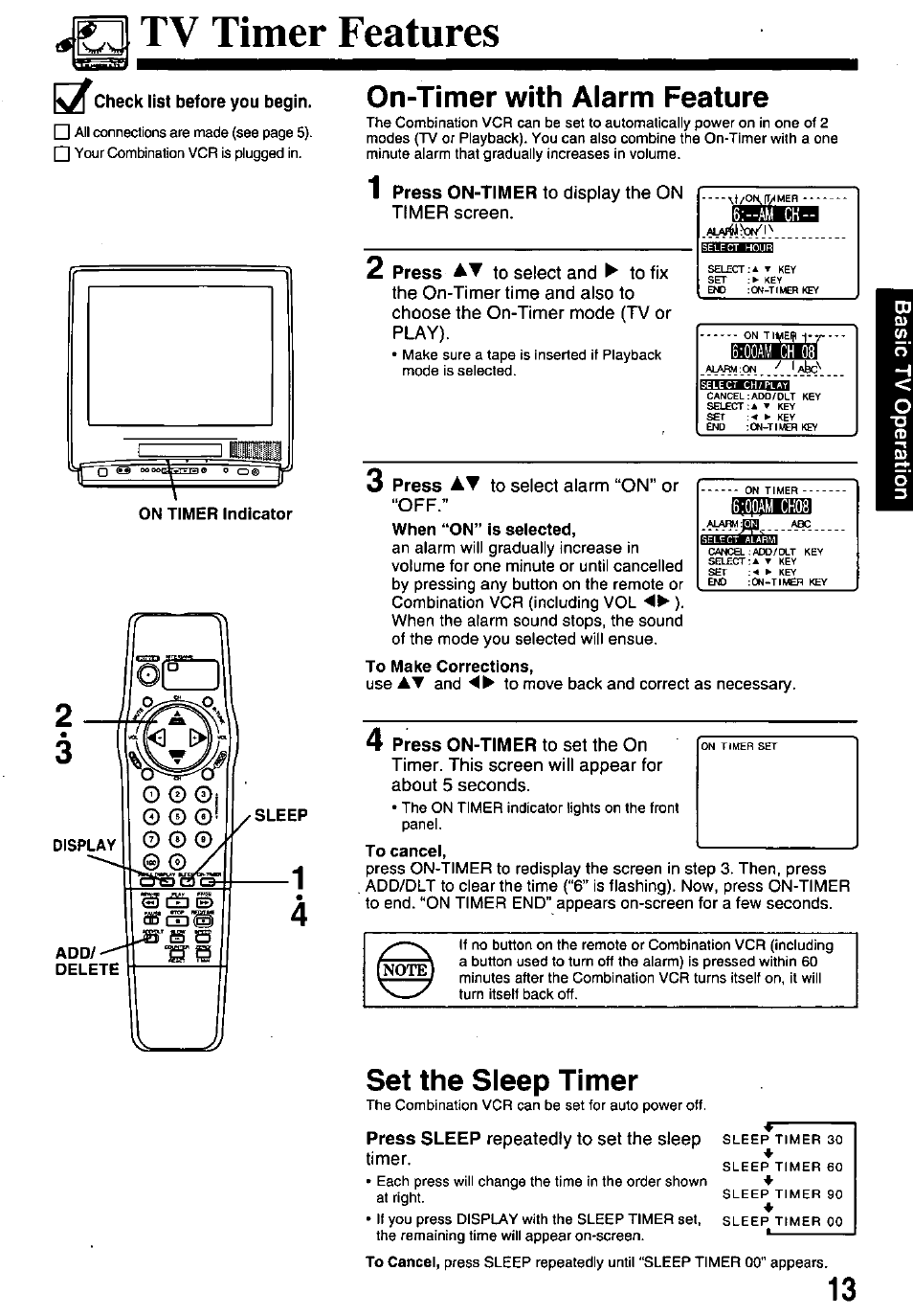 O tv timer features, On-timer with alarm feature, Set the sleep timer | Panasonic PVQ-M2508 User Manual | Page 13 / 32