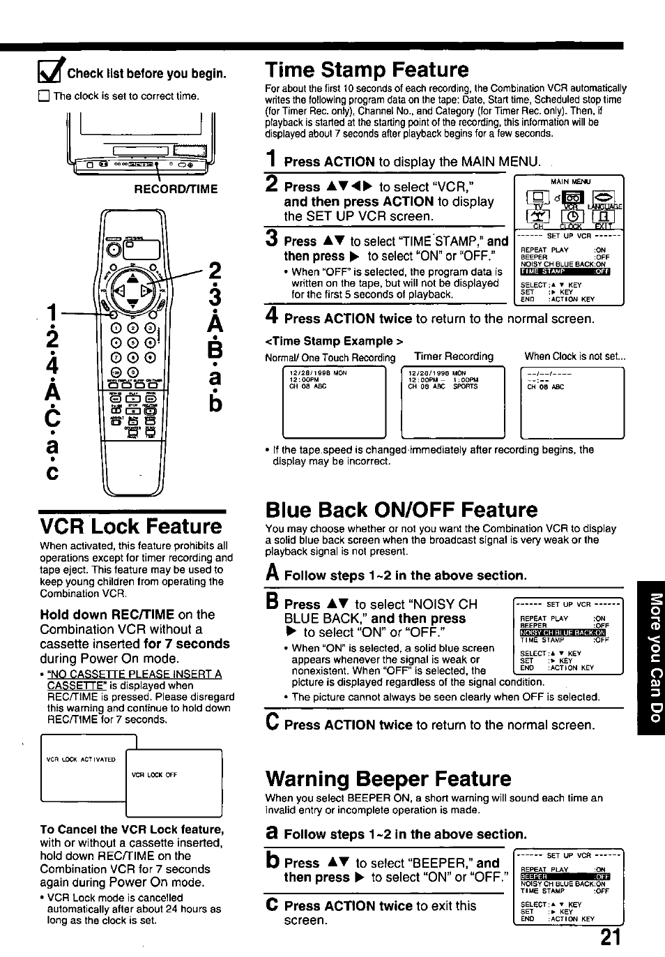 Vcr lock feature, Time stamp feature, Blue back on/off feature | Warning beeper feature, X check list before you begin, On the combination vcr without a cassette inserted, During power on mode, Power on, Press | Panasonic PVQ-M2508 User Manual | Page 21 / 32