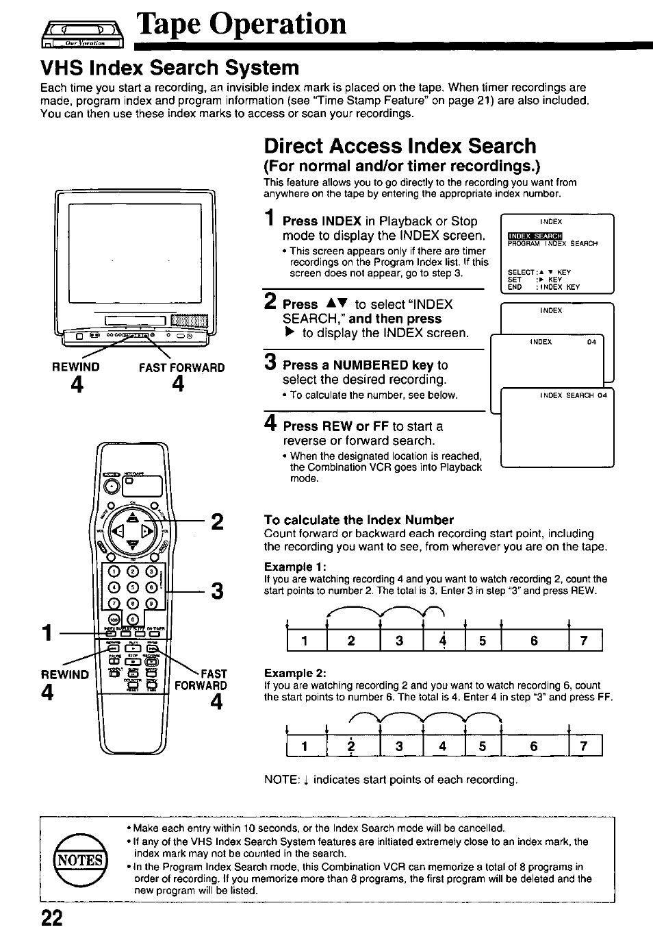 B tape operation, Press at to select “index search,” and then press, To display the index screen | Select the desired recording, Example 2, Vhs index search system | Panasonic PVQ-M2508 User Manual | Page 22 / 32