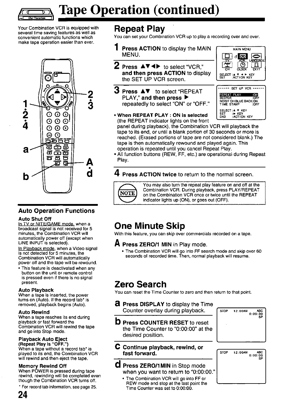 J<<j ь\ tape operation (continued), When repeat play : on is selected, Tape operation (continued) | Repeat play, One minute skip, Zero search | Panasonic PVQ-M2508 User Manual | Page 24 / 32