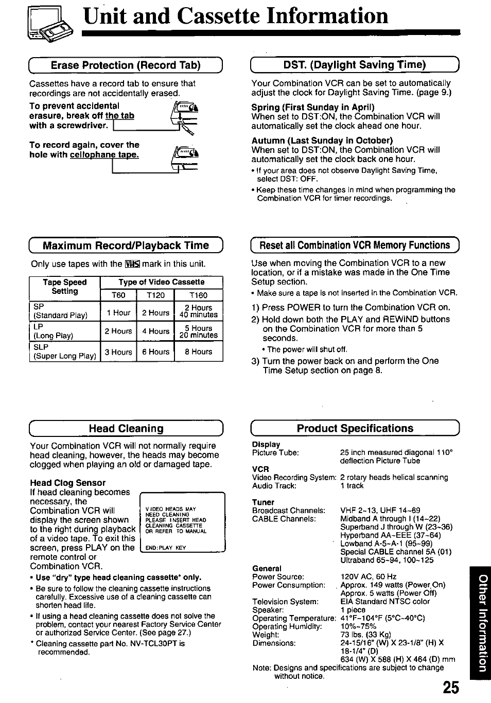 Unit and cassette information, Head clog sensor, Maximum record/playback time | Head cleaning, Product specifications | Panasonic PVQ-M2508 User Manual | Page 25 / 32