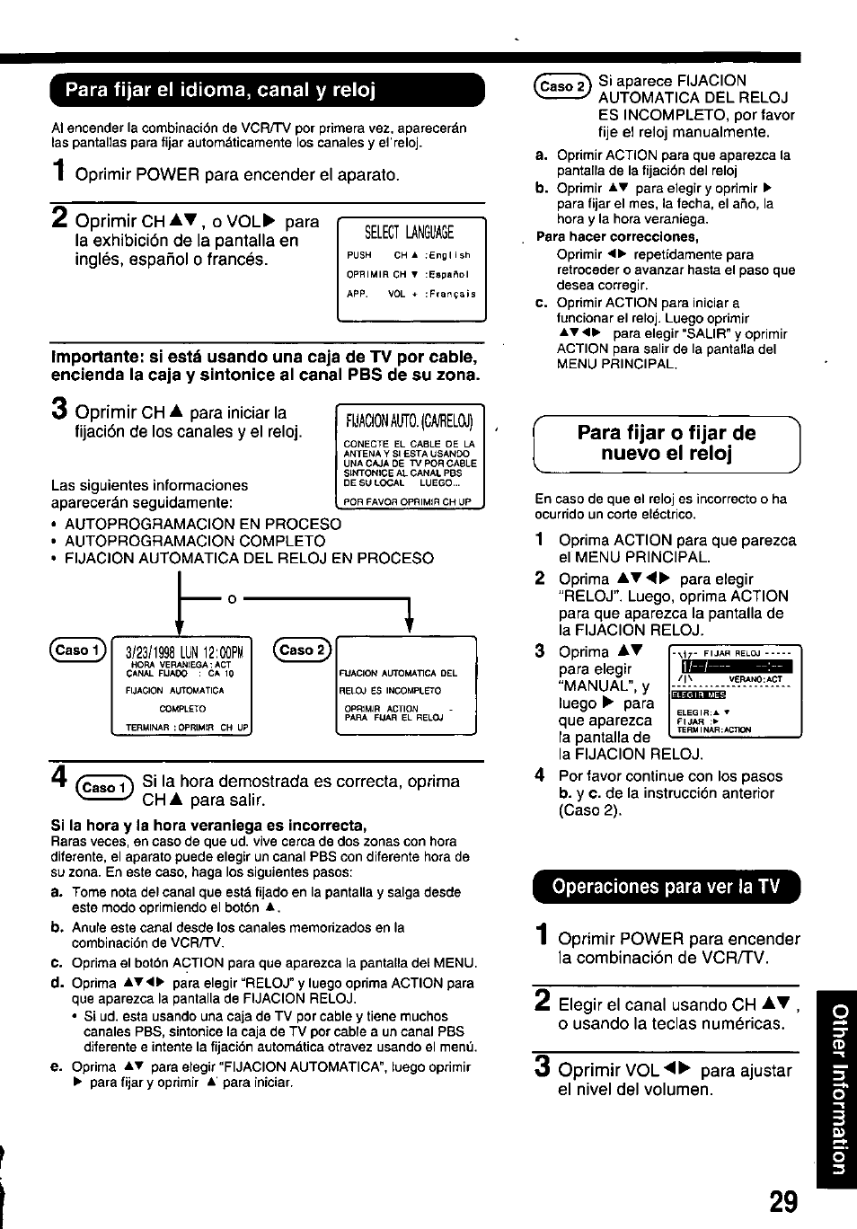 Select language, Fuac!onaüto.(ca/relaj), Para fijar el idioma, canal y reloj | Para fijar o fijar de nuevo el reloj, Operaciones para ver la tv | Panasonic PVQ-M2508 User Manual | Page 29 / 32