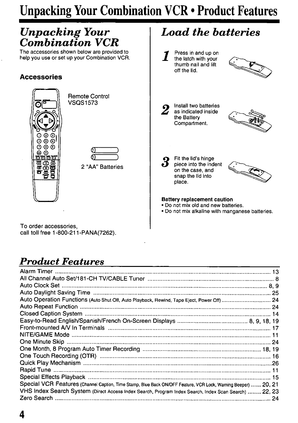 Unpacking your combination vcr • product features, Unpacking your combination vcr, I__ i | Load the batteries, Product features | Panasonic PVQ-M2508 User Manual | Page 4 / 32