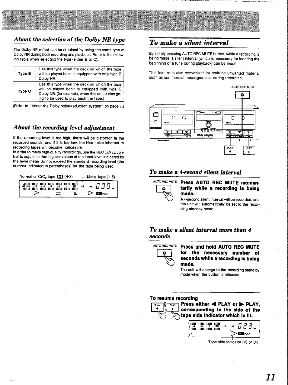 About the selection of the dolby nr type, About the recording level adjustment | Panasonic RS-TR252 User Manual | Page 11 / 16