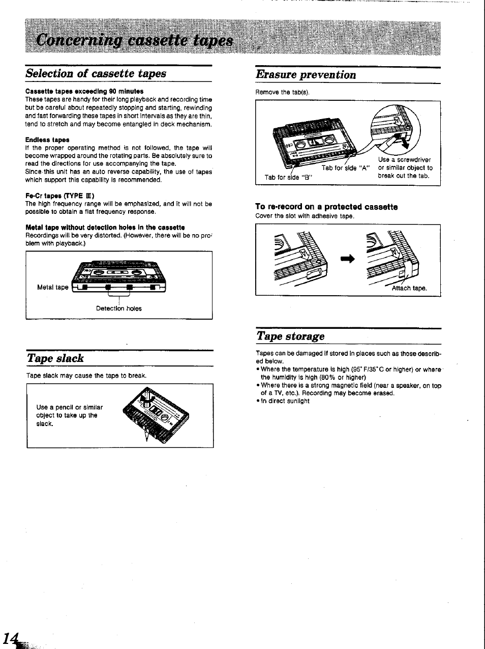 Selection of cassette tapes, Erasure prevention, Tape slack | Tape storage | Panasonic RS-TR252 User Manual | Page 14 / 16