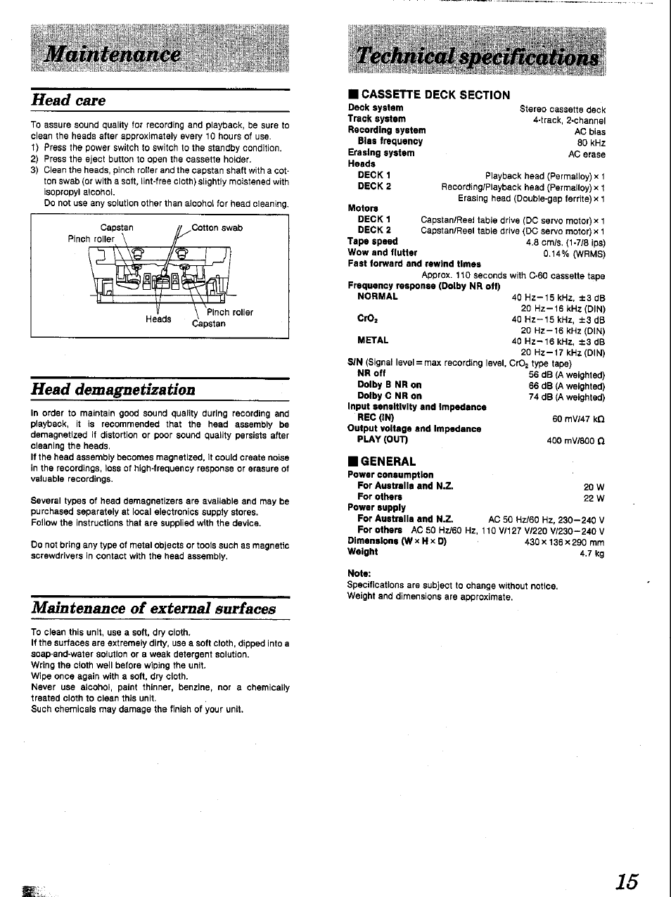 Head care, Head demagnetization, Maintenance of external surfaces | Bbpipllpiill | Panasonic RS-TR252 User Manual | Page 15 / 16