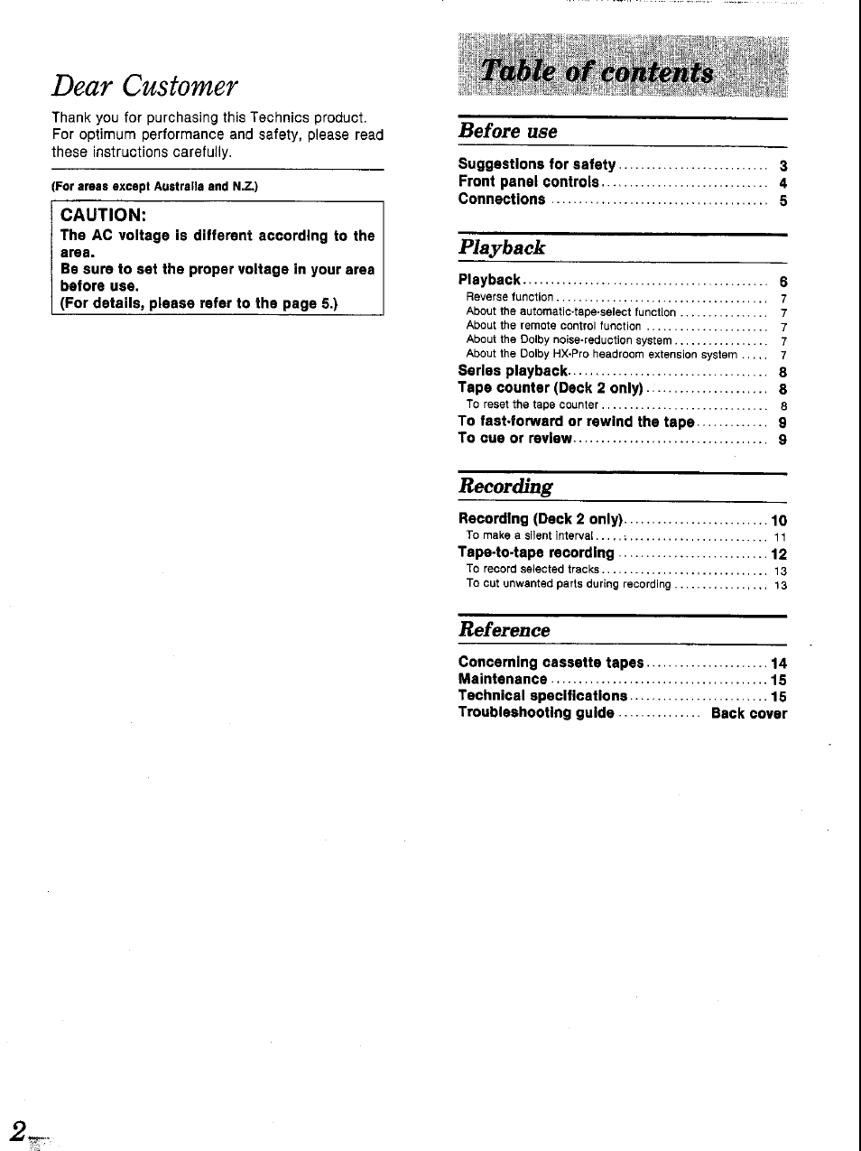 Dear customer, Before use, Playback | Recording, Reference | Panasonic RS-TR252 User Manual | Page 2 / 16