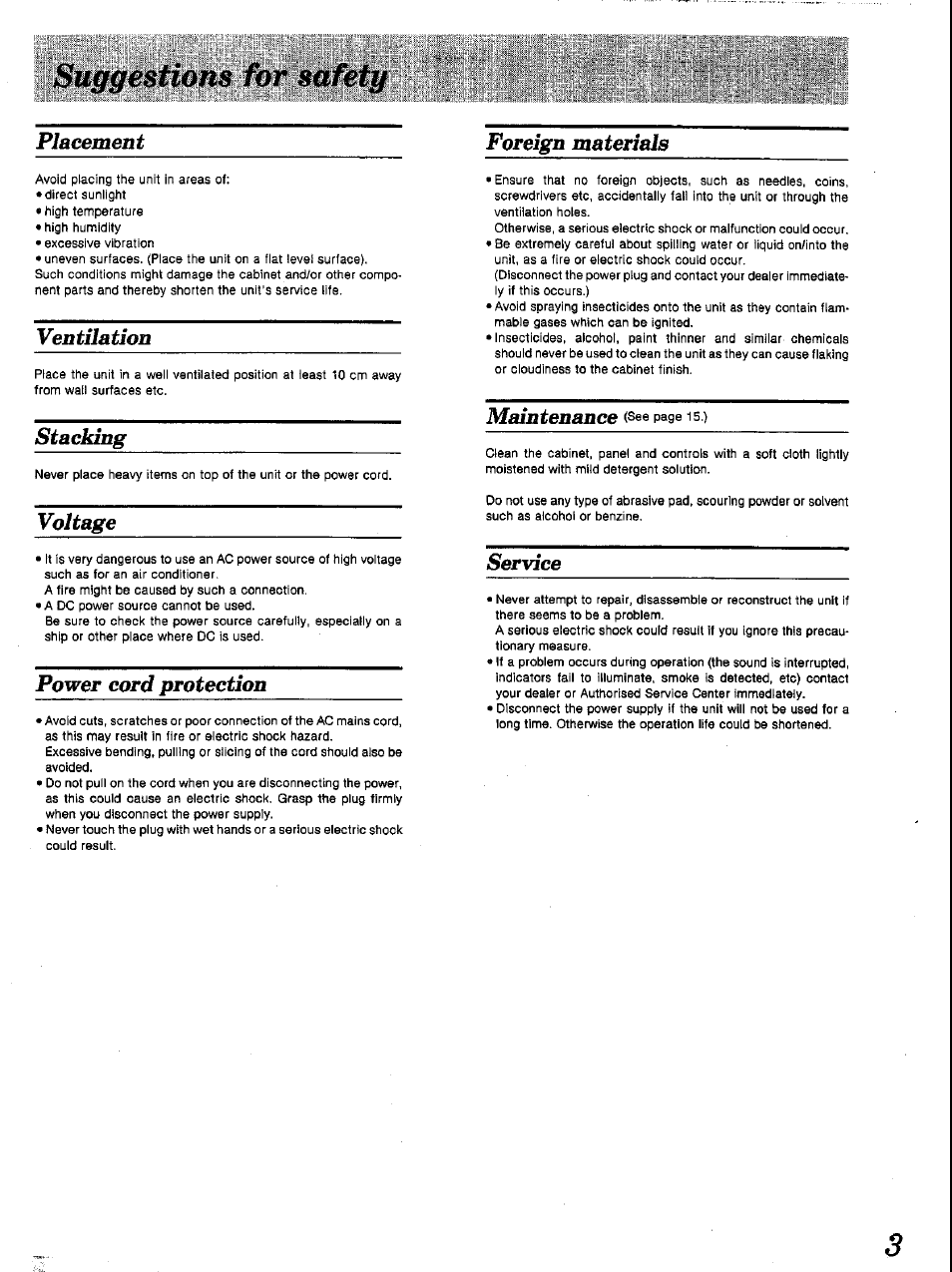Placement, Ventilation, Stacking | Voltage, Power cord protection, Foreign materials, Maintenance, Service | Panasonic RS-TR252 User Manual | Page 3 / 16