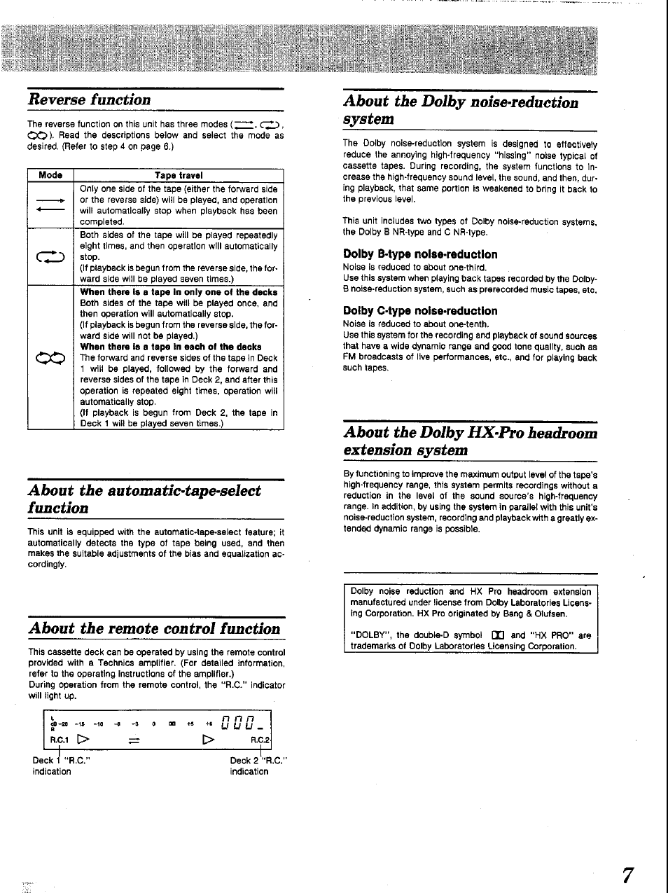 Reverse function, About the automatic-tape-select function, About the dolby noise-reduction system | About the dolby hx-pro headroom extension system, About the remote control function | Panasonic RS-TR252 User Manual | Page 7 / 16