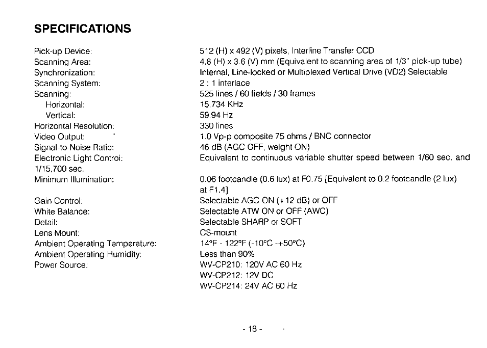 Specifications | Panasonic WV-CP214 User Manual | Page 20 / 22