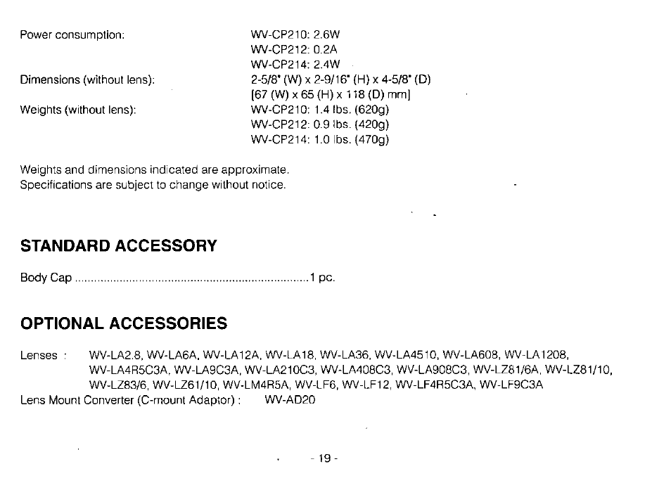 Standard accessory, Optional accessories | Panasonic WV-CP214 User Manual | Page 21 / 22