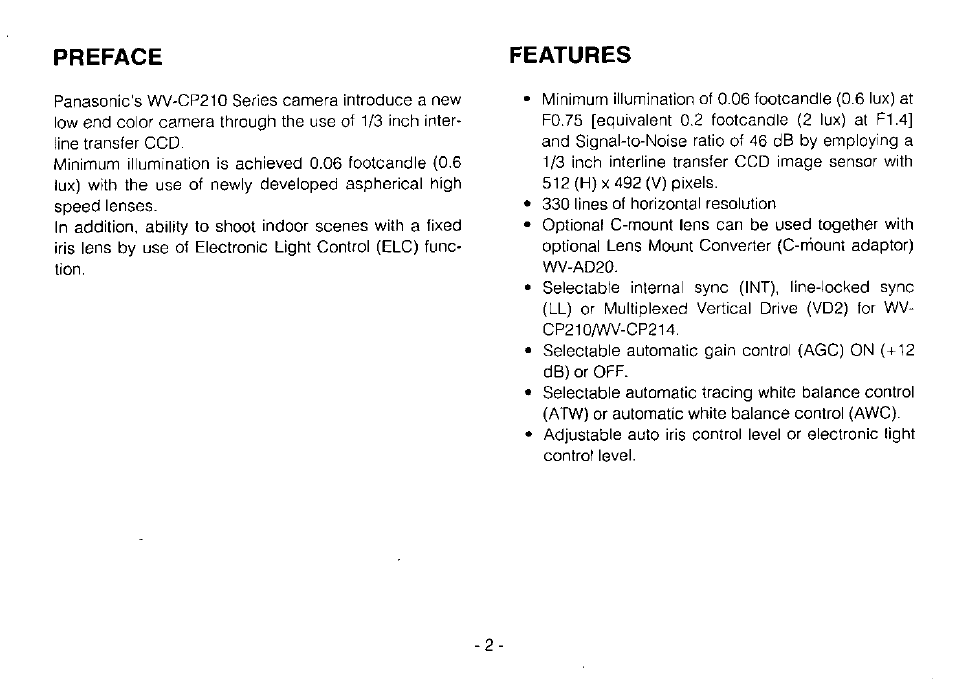 Preface features | Panasonic WV-CP214 User Manual | Page 4 / 22