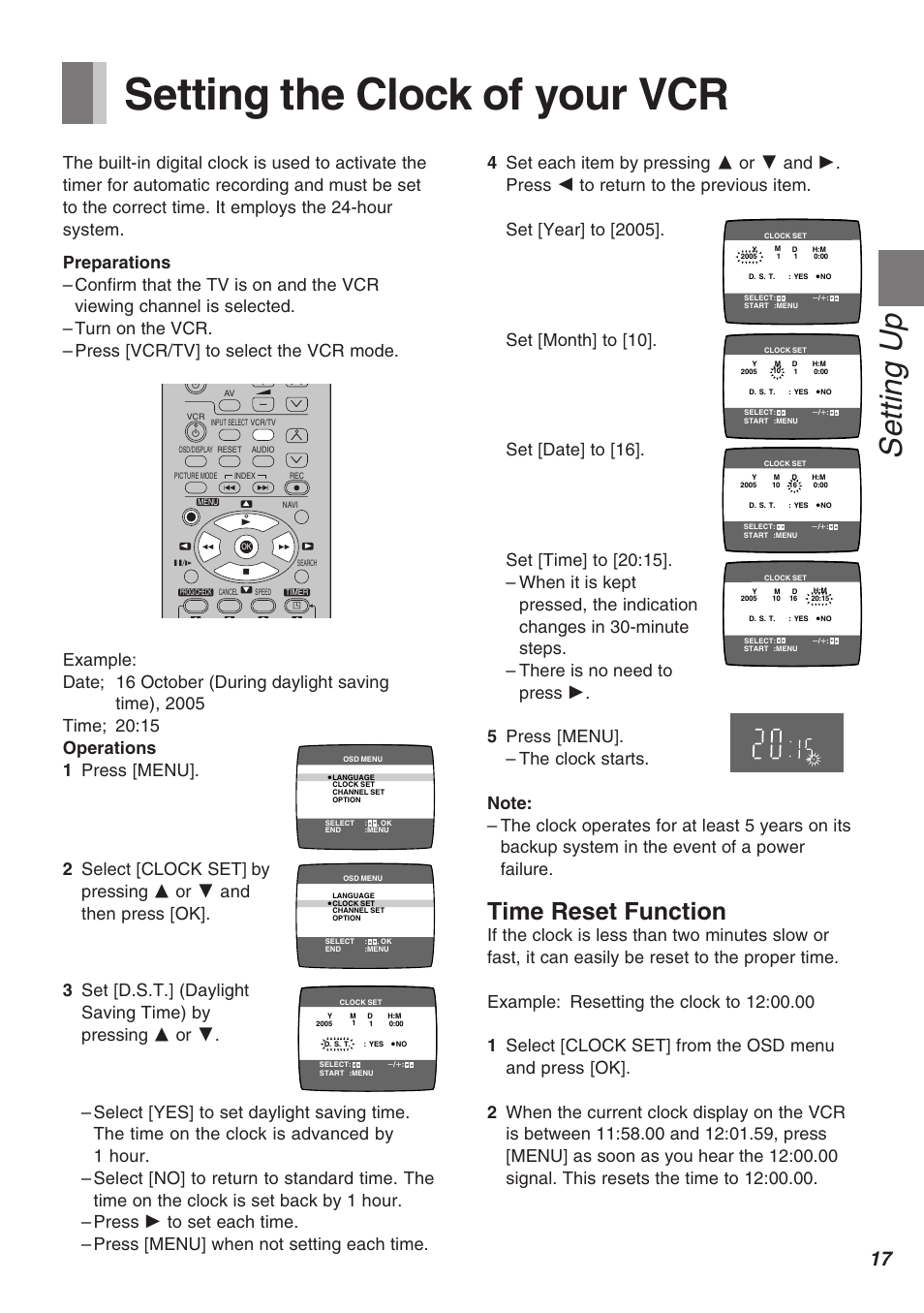 Setting the clock of your vcr, Setting up, Time reset function | Panasonic AG-1340P User Manual | Page 17 / 42