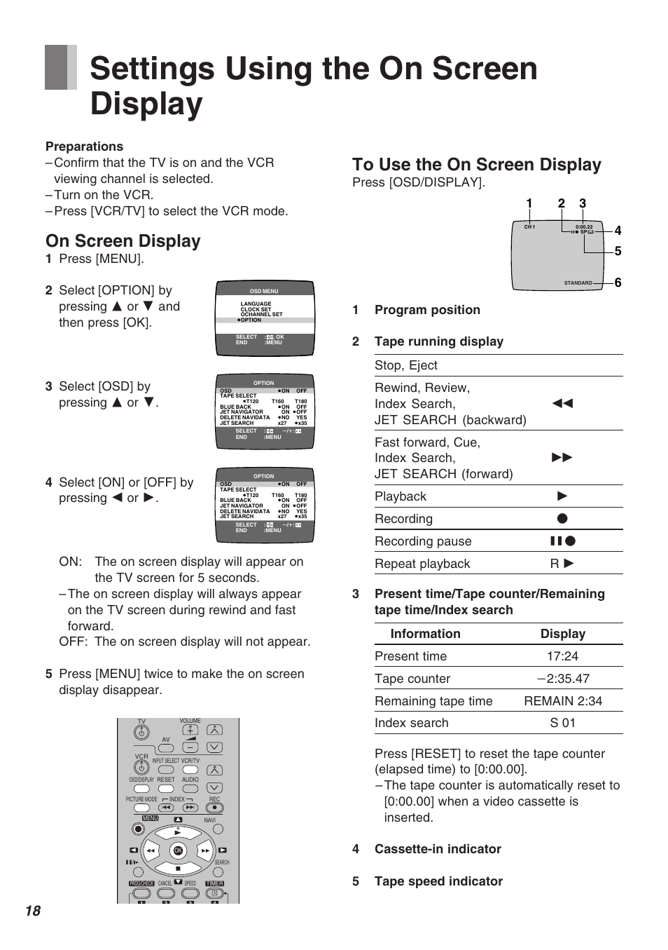 Setting using the on screen display, Settings using the on screen display, On screen display | Panasonic AG-1340P User Manual | Page 18 / 42