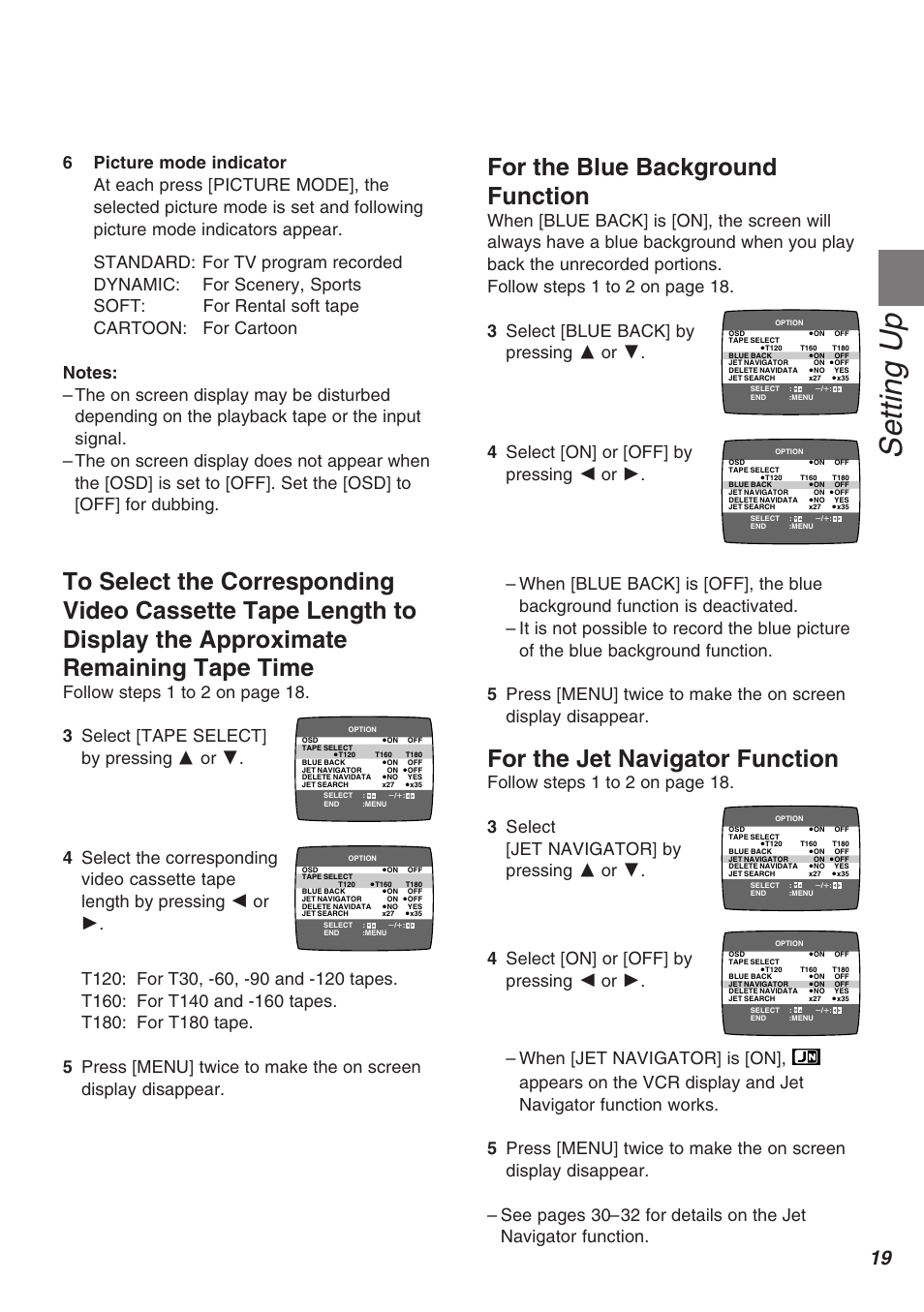 Setting up, For the blue background function, For the jet navigator function | Panasonic AG-1340P User Manual | Page 19 / 42