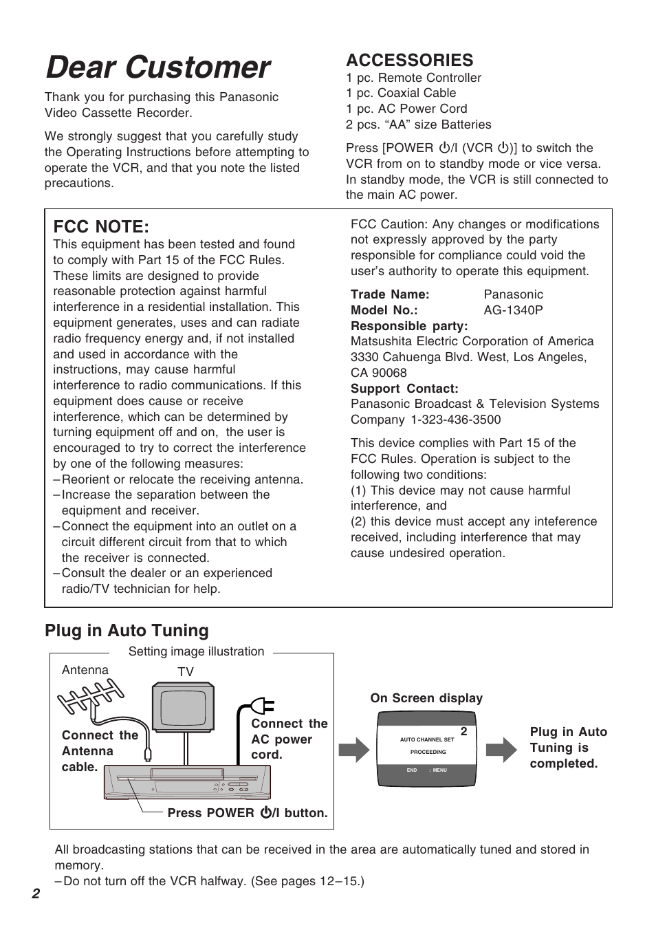 Dear customer, Accessories, Plug in auto tuning | Panasonic AG-1340P User Manual | Page 2 / 42