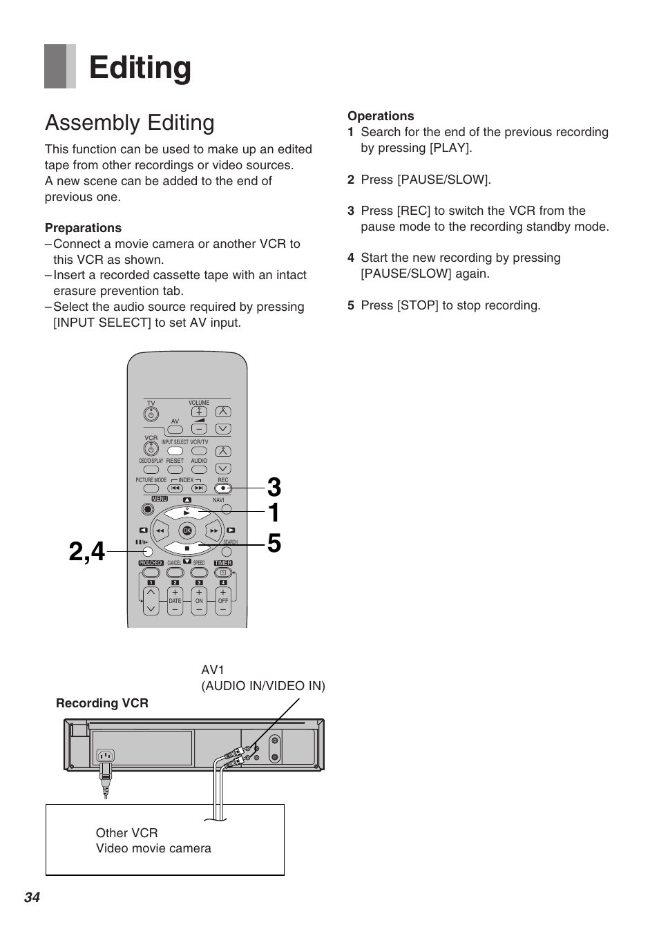 Editing, Assembly editing | Panasonic AG-1340P User Manual | Page 34 / 42