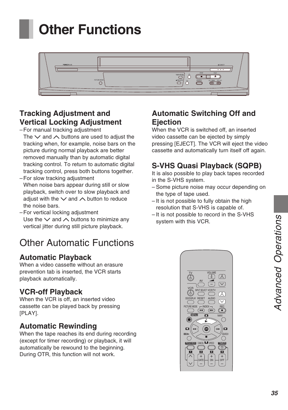 Other functions, Advanced operations, Other automatic functions | Automatic playback, Vcr-off playback, Automatic rewinding, Automatic switching off and ejection, S-vhs quasi playback (sqpb) | Panasonic AG-1340P User Manual | Page 35 / 42