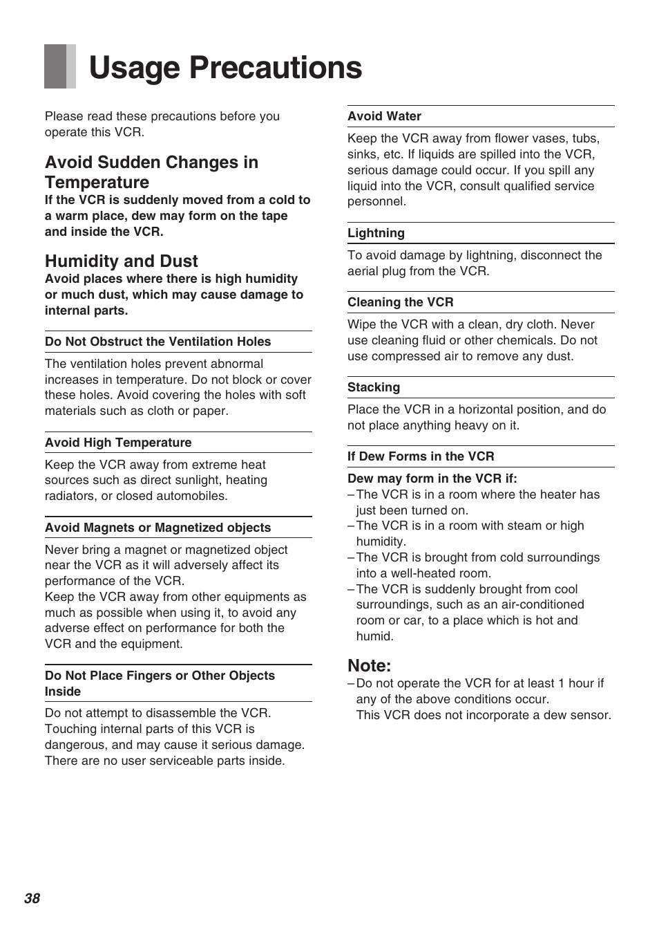 Usage precautions, Avoid sudden changes in temperature, Humidity and dust | Panasonic AG-1340P User Manual | Page 38 / 42