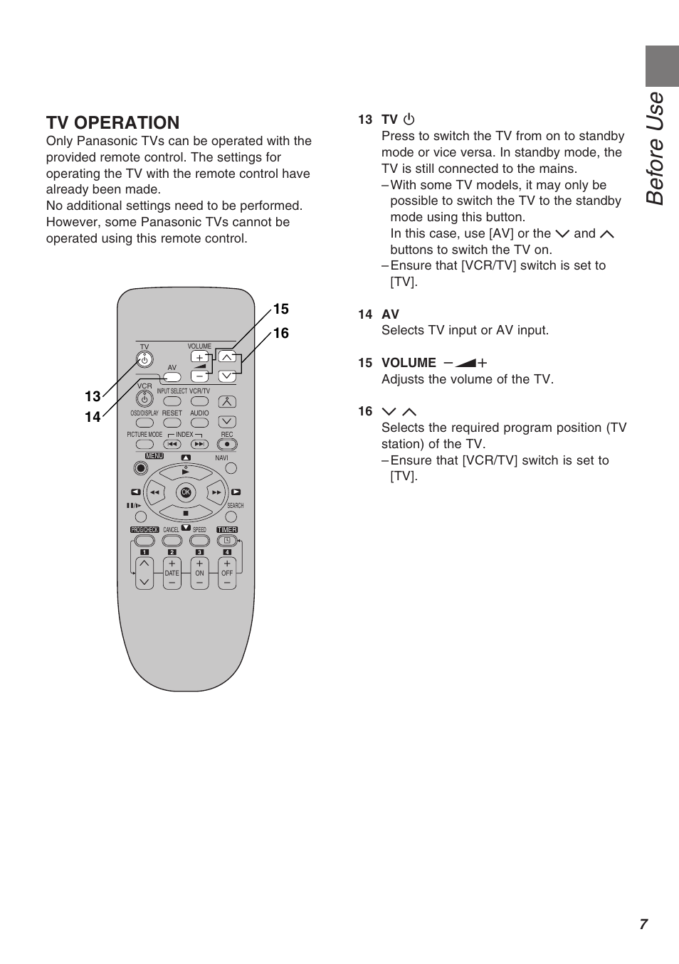 Before use, Tv operation | Panasonic AG-1340P User Manual | Page 7 / 42