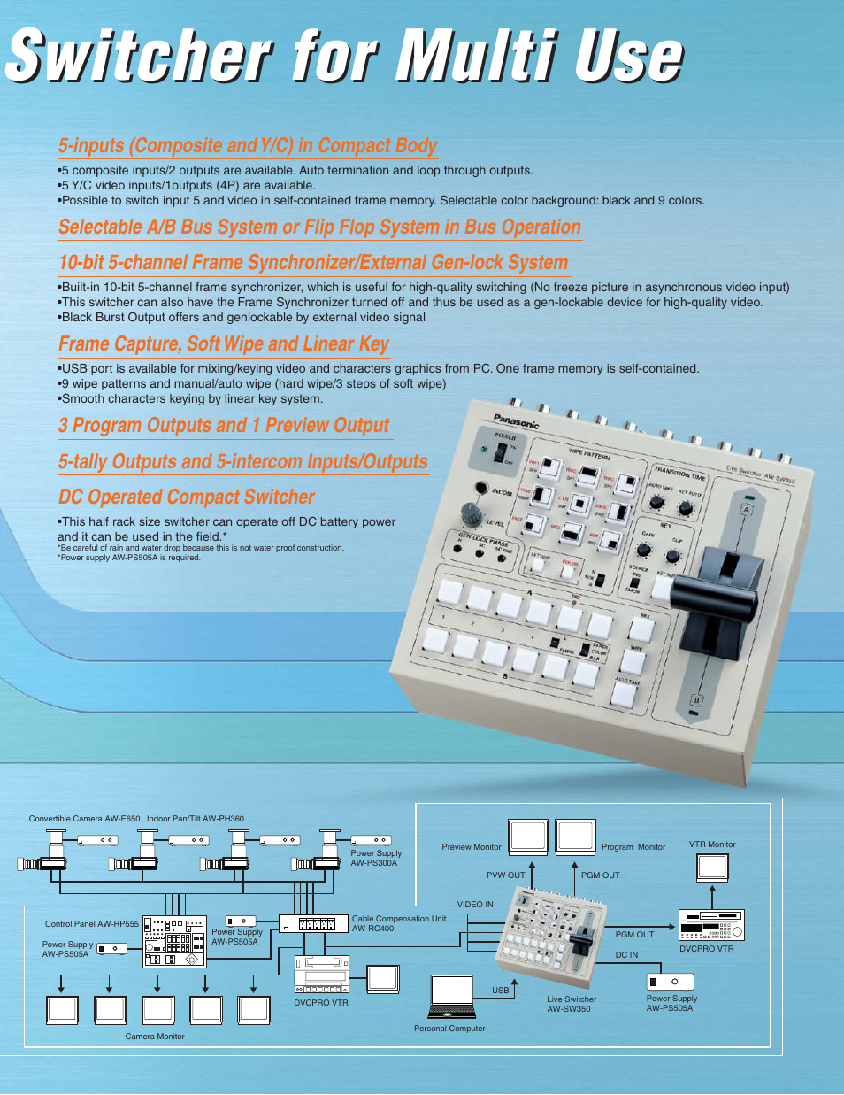 Switcher for multi use, Inputs (composite and y/c) in compact body, Frame capture, soft wipe and linear key | Panasonic AW-SW350 User Manual | Page 3 / 4