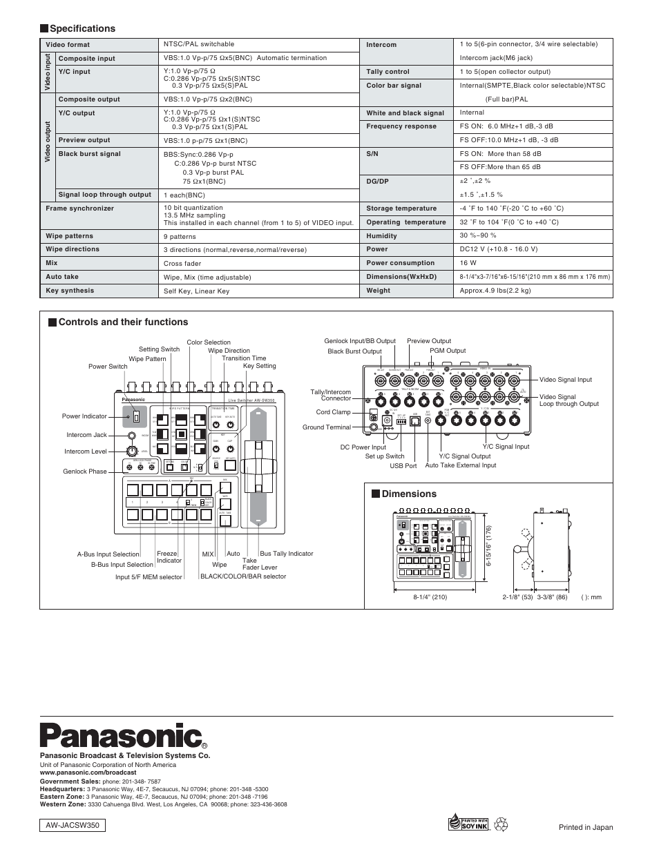 Specifications, Controls and their functions dimensions, Wipe fmem mix auto take | Panasonic AW-SW350 User Manual | Page 4 / 4