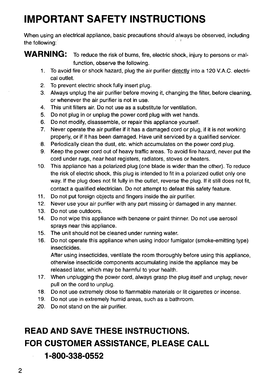 Read and save these instructions, Important safety instructions, Warning | Panasonic HEPA LOGIC EH3012 User Manual | Page 2 / 12
