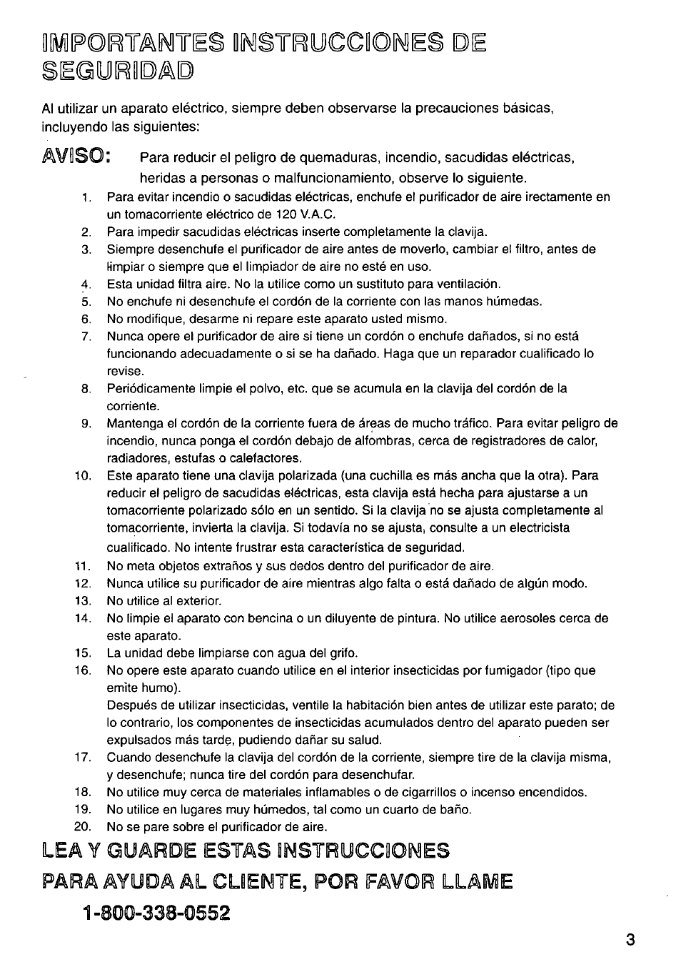 Igvjfo^tamtes iwstfuccio segofioad, Lea y guarde estas ¡íssstrucciomes, Aviso | Para ayuda al cliente, por favor llaívie | Panasonic HEPA LOGIC EH3012 User Manual | Page 3 / 12