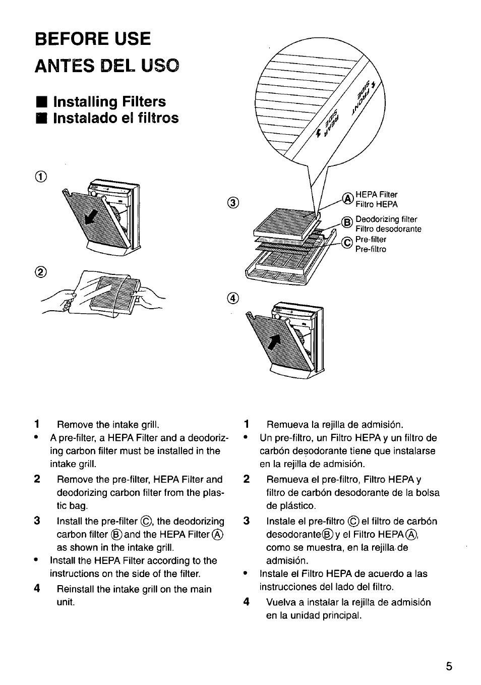 Installing filters, Instalado el filtros, Before use antes del uso | Installing filters ■ instalado el filtros | Panasonic HEPA LOGIC EH3012 User Manual | Page 5 / 12
