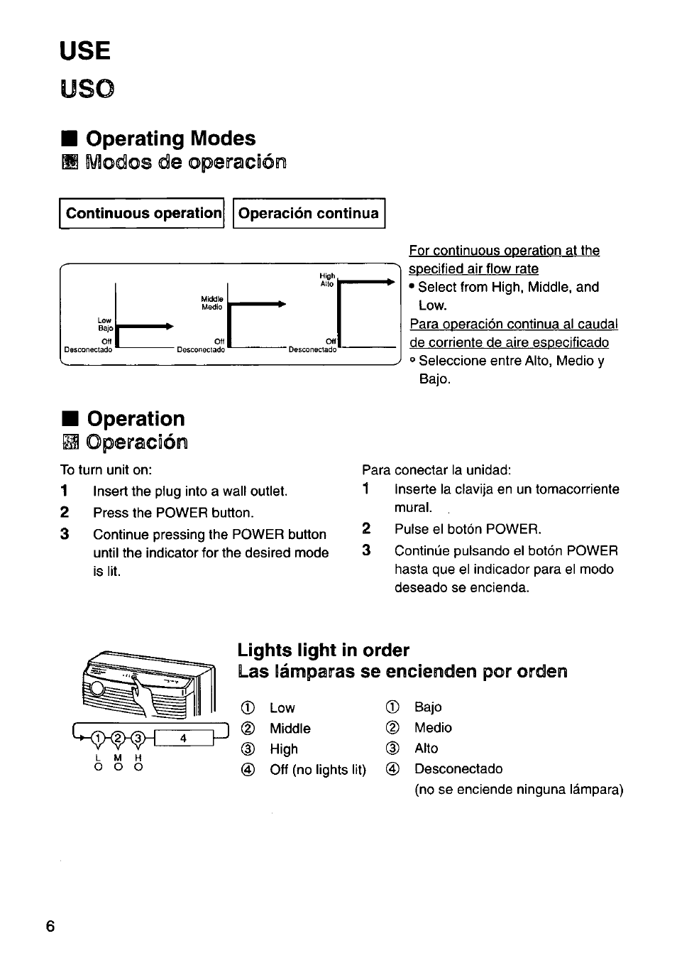 Operating modes, Continuous operation, Operación continua | Operation, Modos de operación, Operación | Panasonic HEPA LOGIC EH3012 User Manual | Page 6 / 12