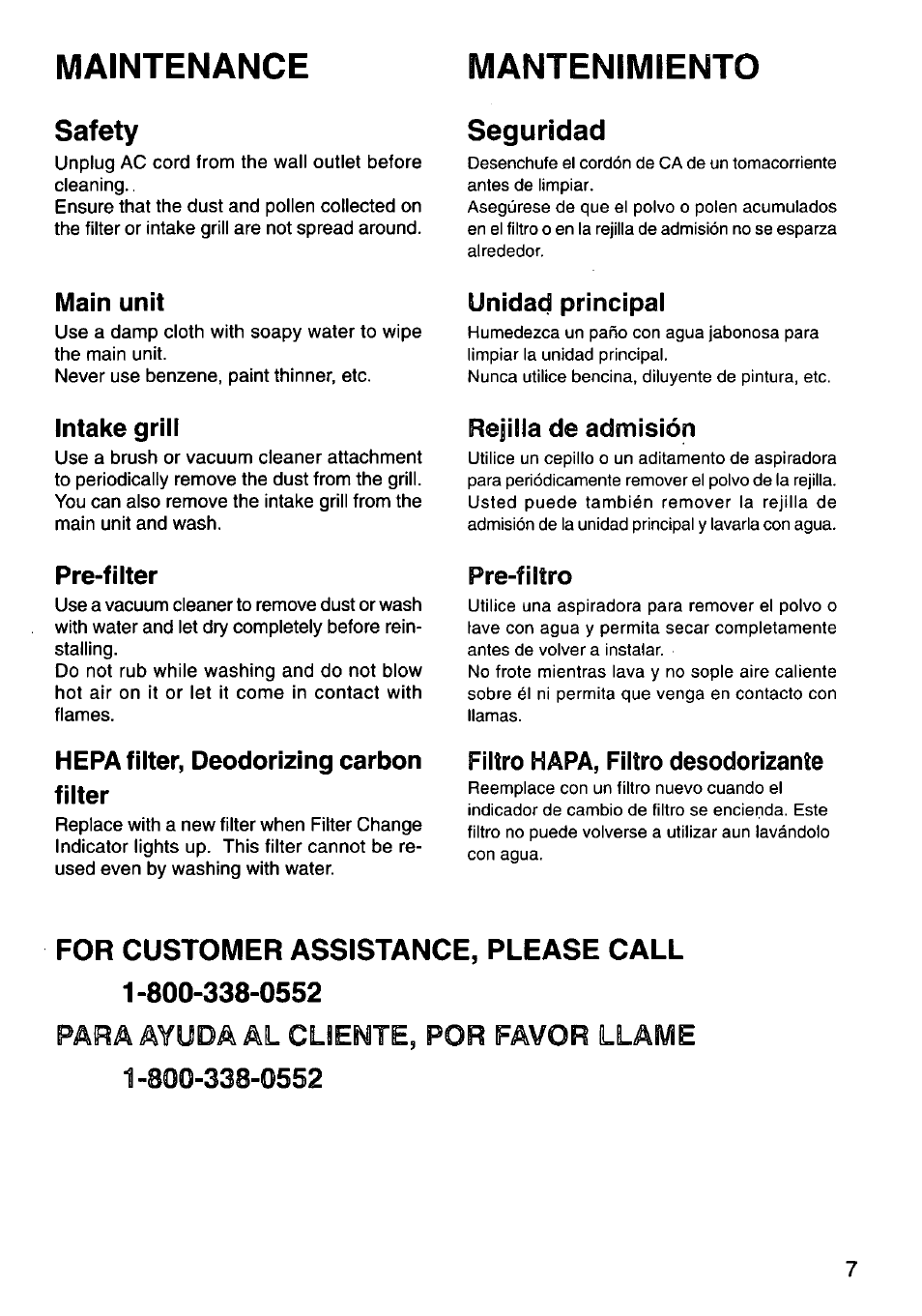 Safety, Seguridad, Maintenance mantenimiento | For customer assistance, please call, Main unit, Intake grill, Pre-filter, Hepa filter, deodorizing carbon filter, Unidad principal, Rejilla de admisión | Panasonic HEPA LOGIC EH3012 User Manual | Page 7 / 12