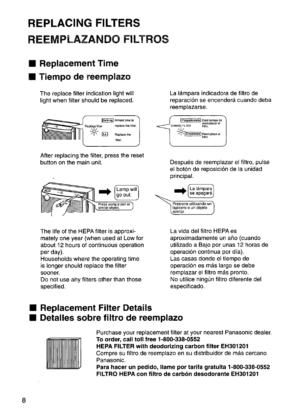 Replacement time, Tiempo de reemplazo, Replacing filters reemplazando filtros | Replacement time tiempo de reemplazo | Panasonic HEPA LOGIC EH3012 User Manual | Page 8 / 12