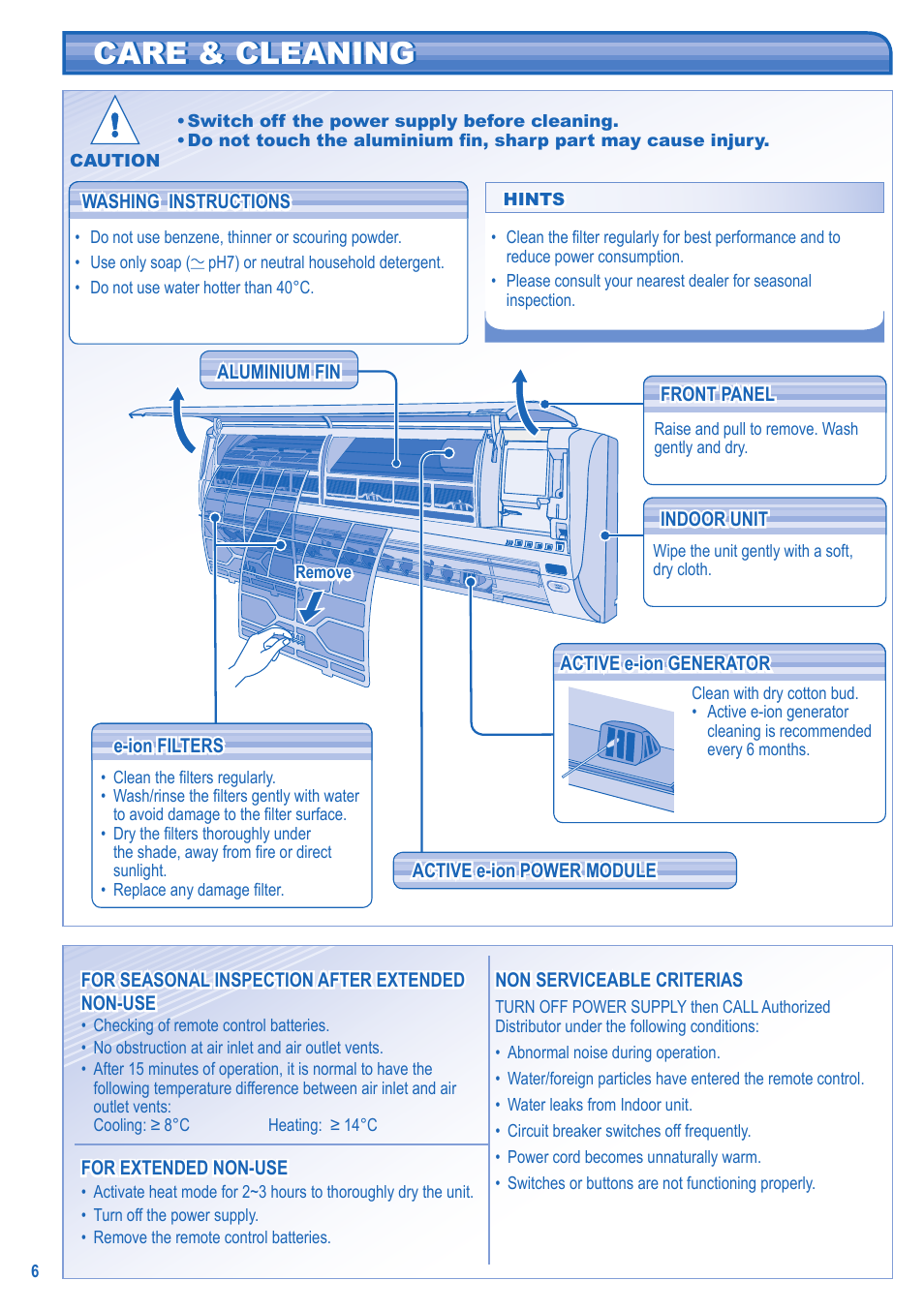 Care & cleaning | Panasonic CU-E15GKR User Manual | Page 6 / 8