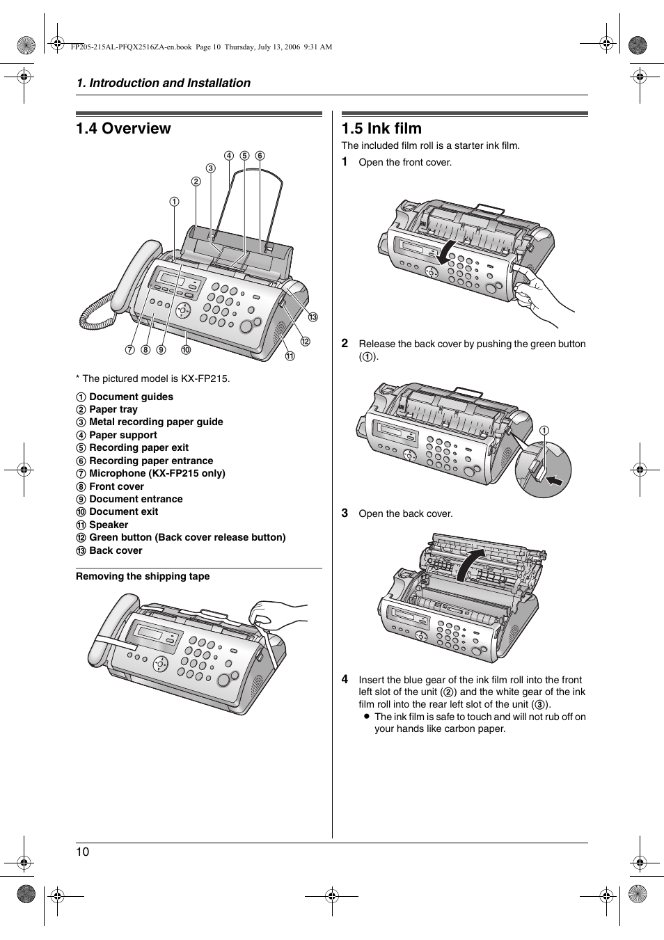 4 overview, Installation, 5 ink film | Overview, Ink film, 4 overview, 5 ink film | Panasonic KX-FP205AL User Manual | Page 10 / 60