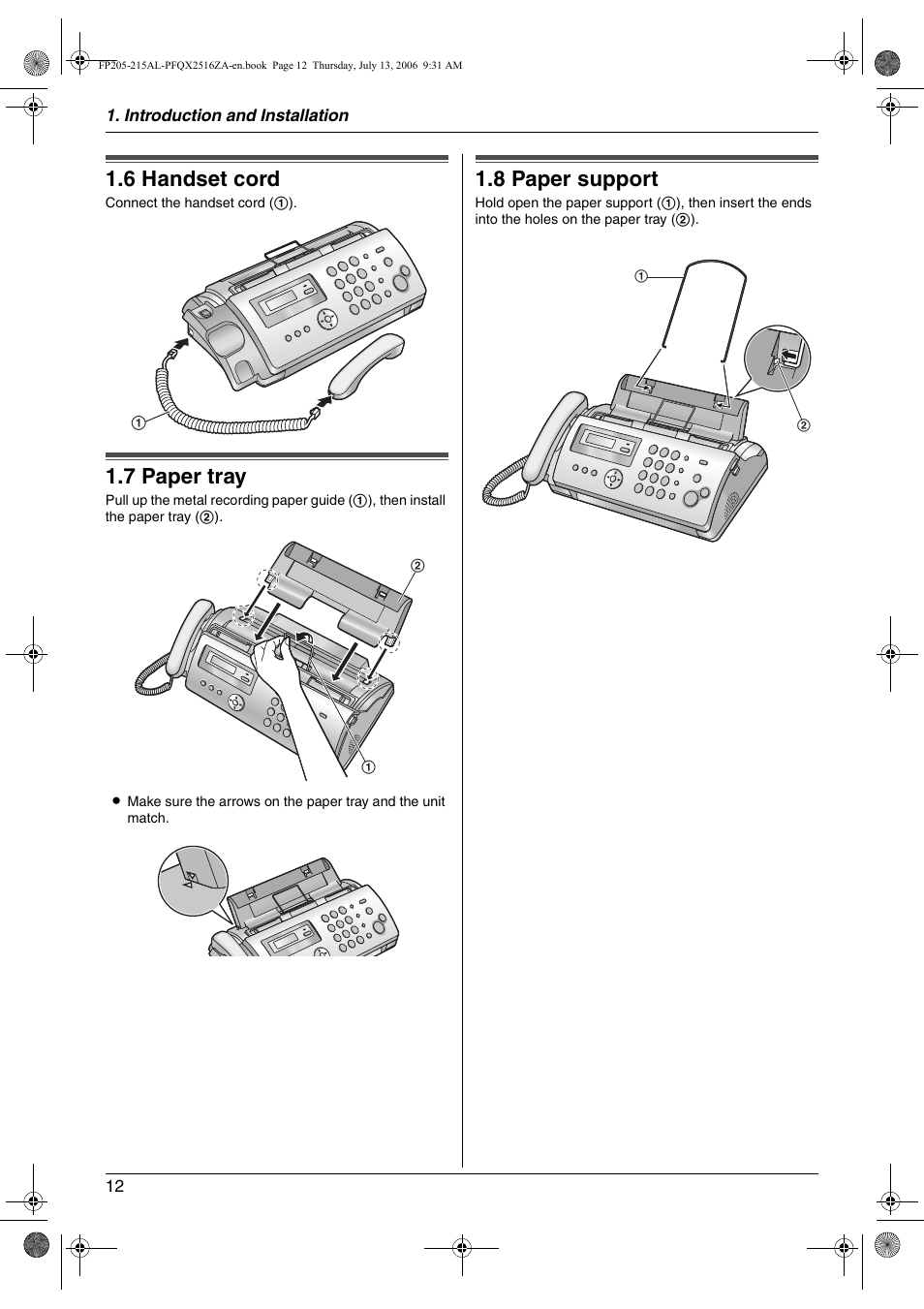 6 handset cord, 7 paper tray, 8 paper support | Handset cord, Paper tray, Paper support, 6 handset cord, 7 paper tray, 8 paper support | Panasonic KX-FP205AL User Manual | Page 12 / 60