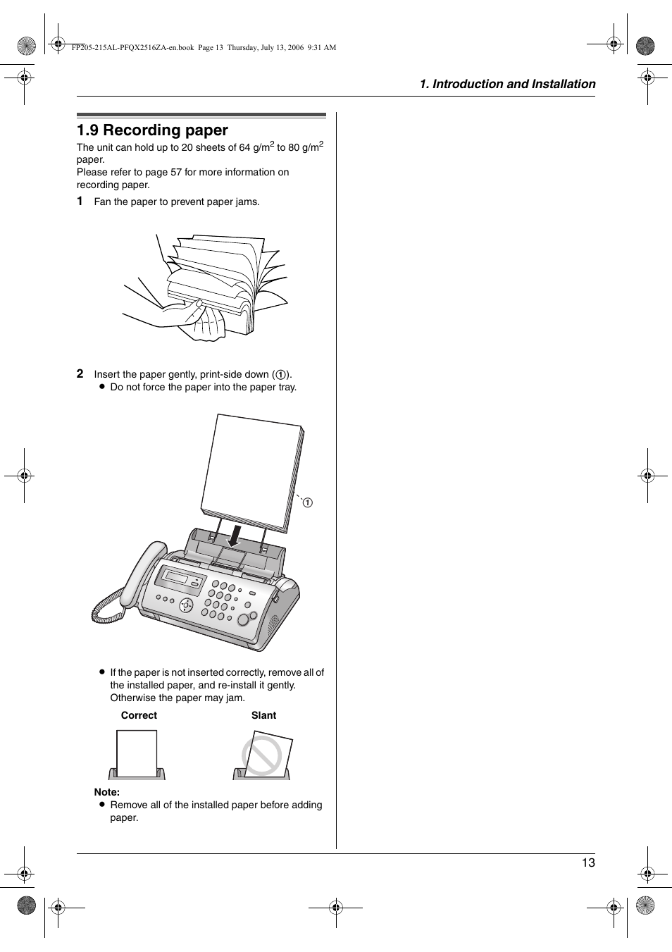 9 recording paper, Recording paper, 9 recording paper | Panasonic KX-FP205AL User Manual | Page 13 / 60