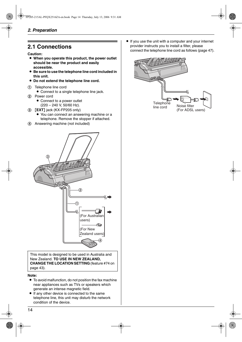 Preparation, Connections and setup, 1 connections | Connections, 1 connections | Panasonic KX-FP205AL User Manual | Page 14 / 60